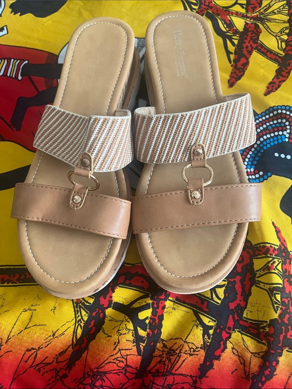 Henry Ferrera Collection Neutral Tan Slip-On Women's Sandals with Striped Strap